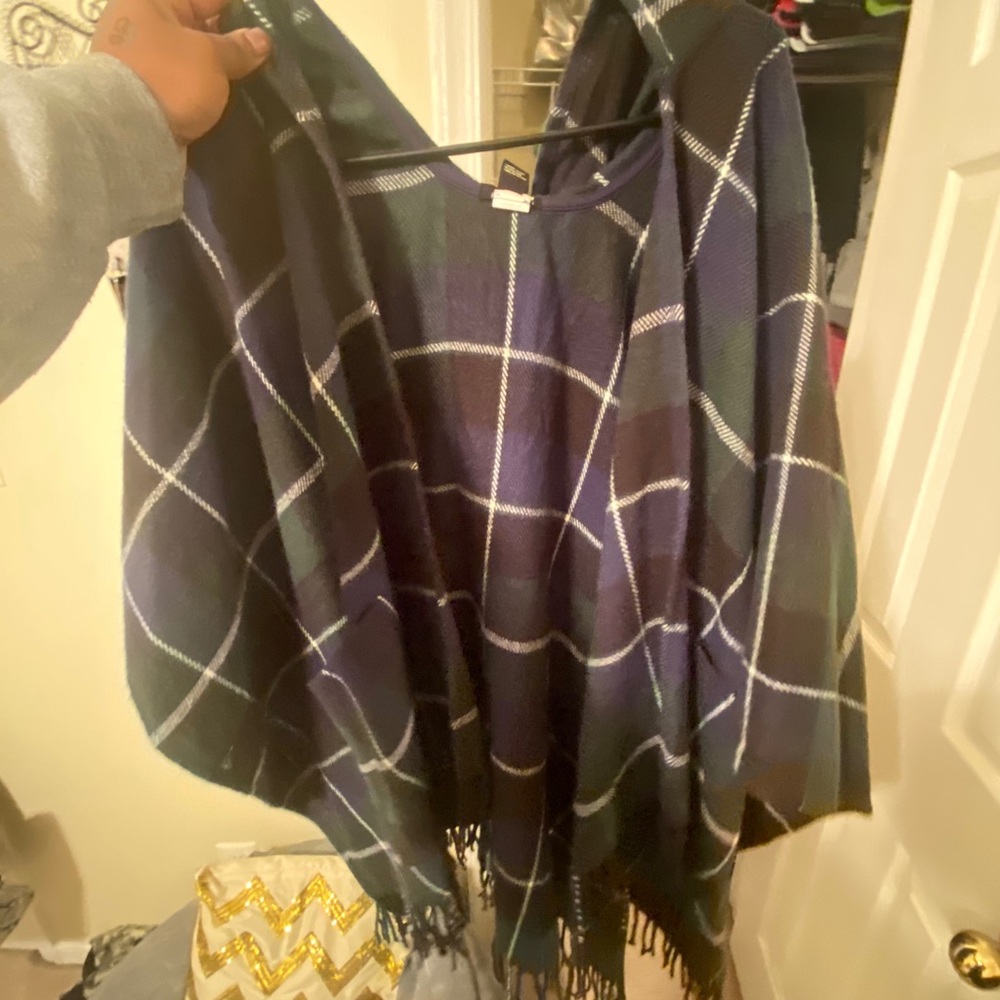 Hooded plaid poncho